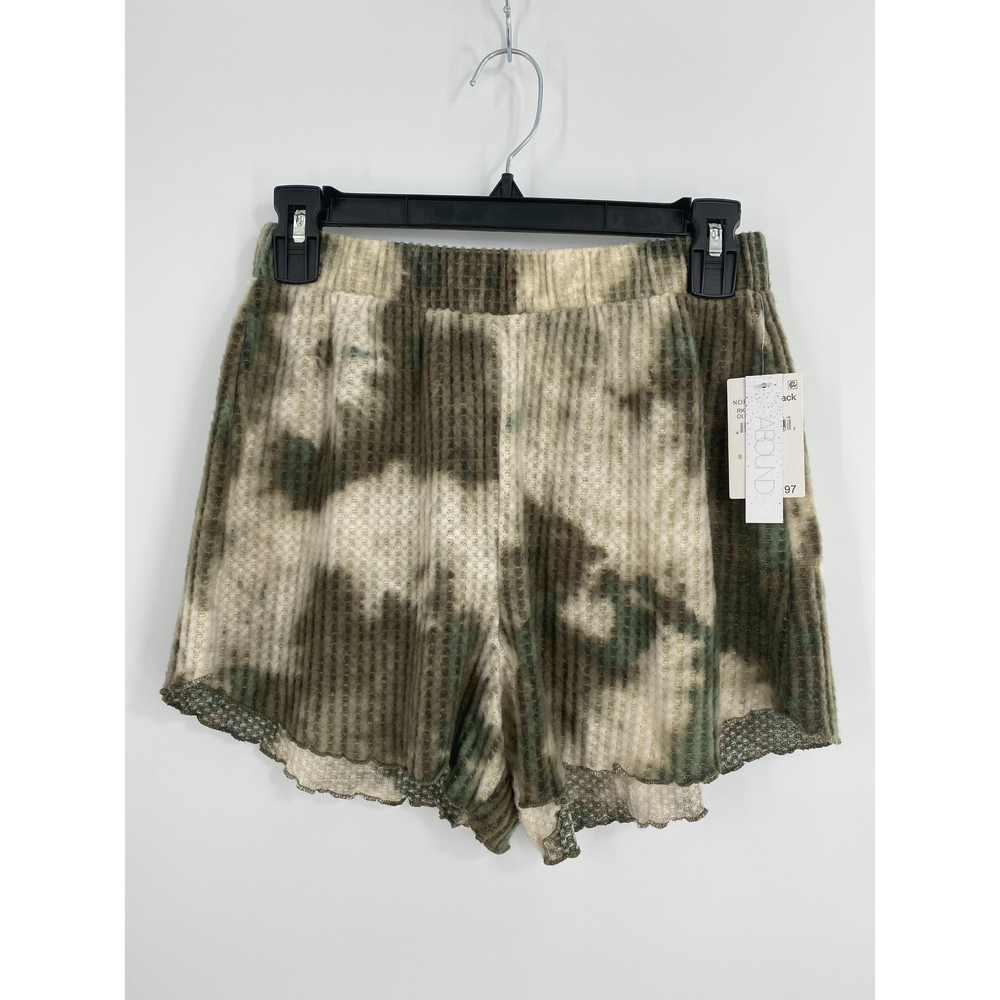 Abound NWT Thermal Tie Dye Lettuce Hem Elastic Waist Waffle Shorts Olive Sm New